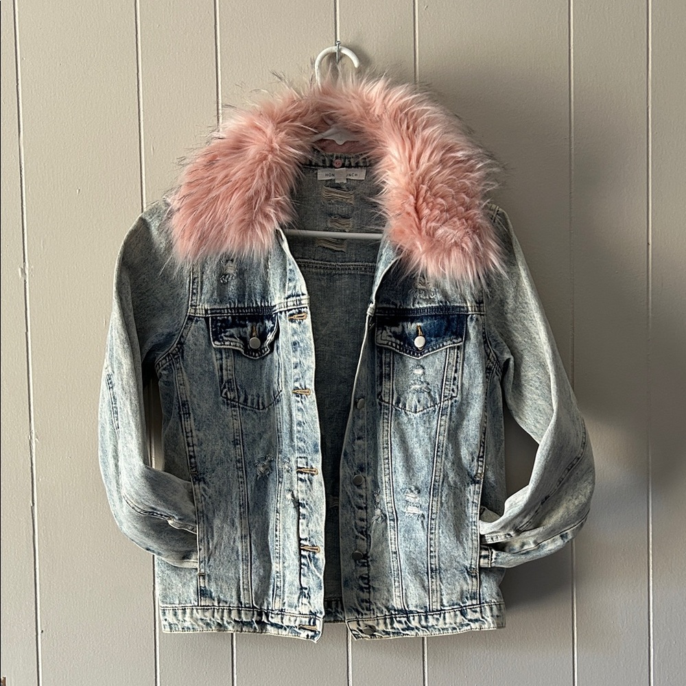 Honey Punch Light Blue Jean Jacket Distressed with Pink Faux Fur Collar